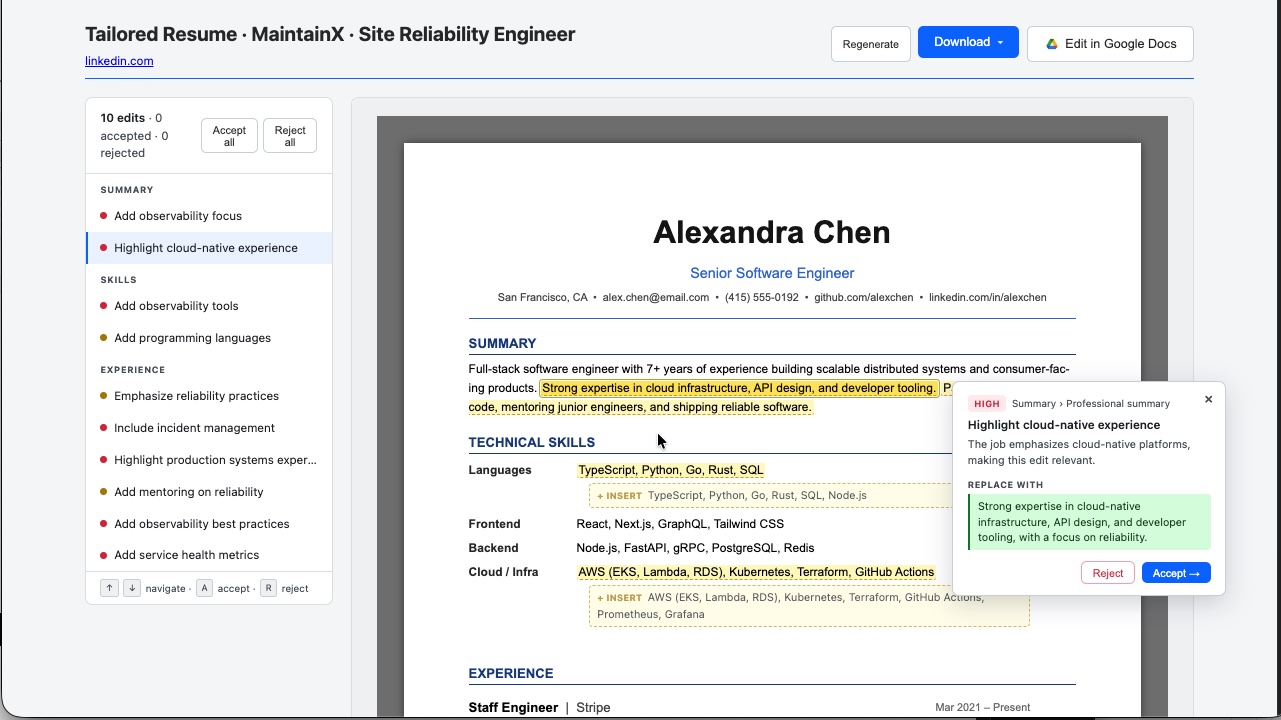 Tailor resume demo